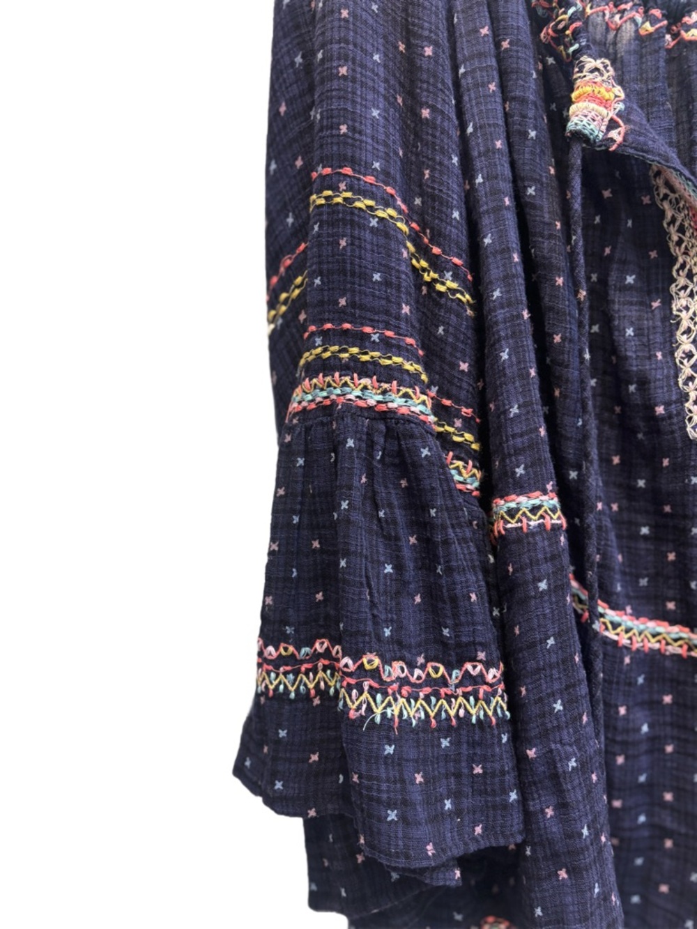 Free People “Talia” Embroidered Top in Navy/Multicolor, Boho Peasant Bell Sleeve - Picture 6 of 14